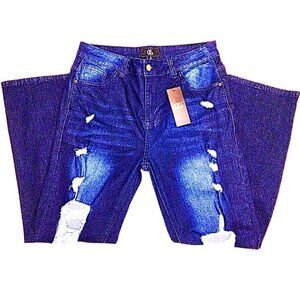 OYSTER GUY WOMEN'S WIDE LEG FLARE DISTRESSED RIPPED JEANS